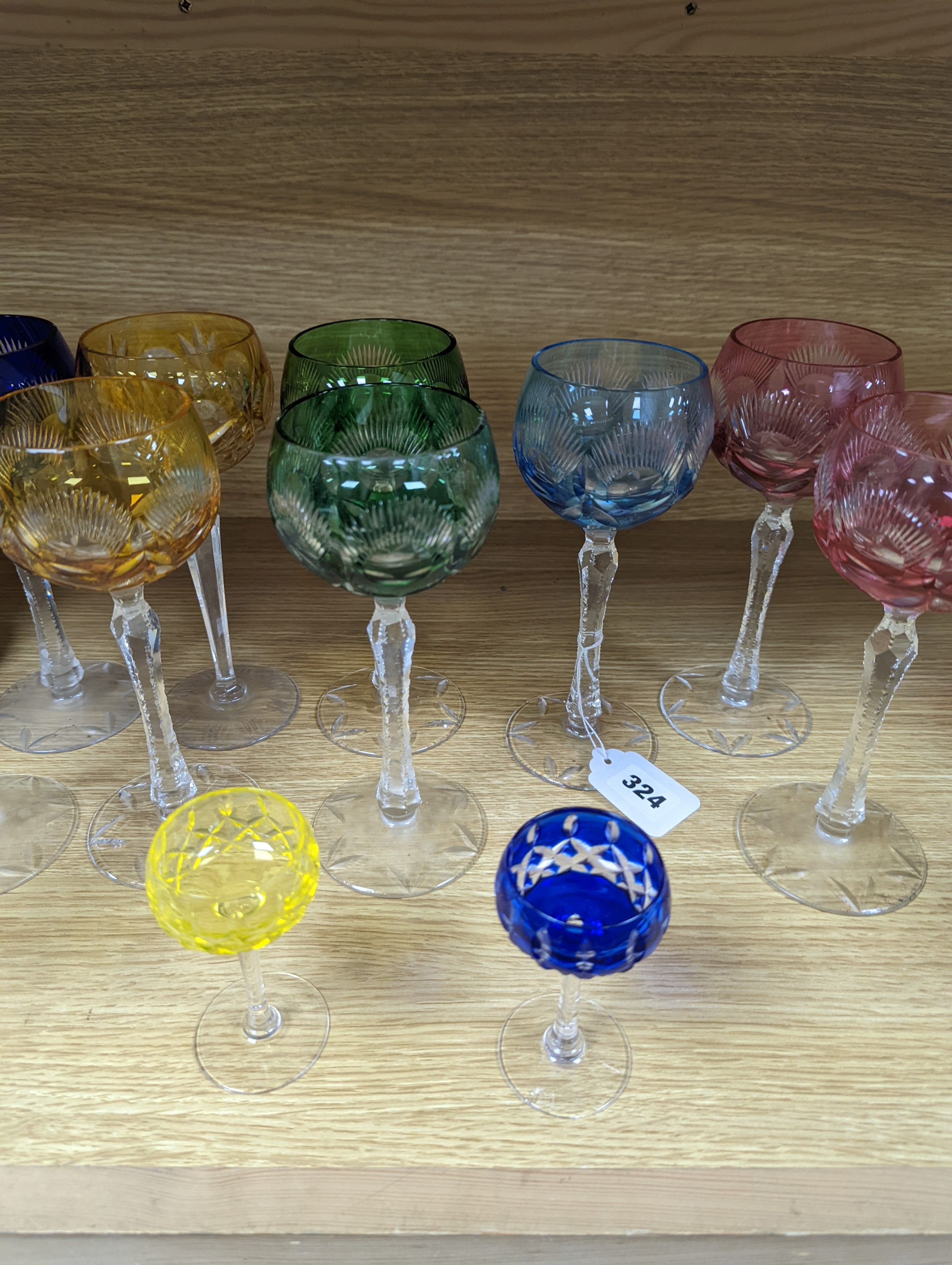 A set of coloured hock glasses